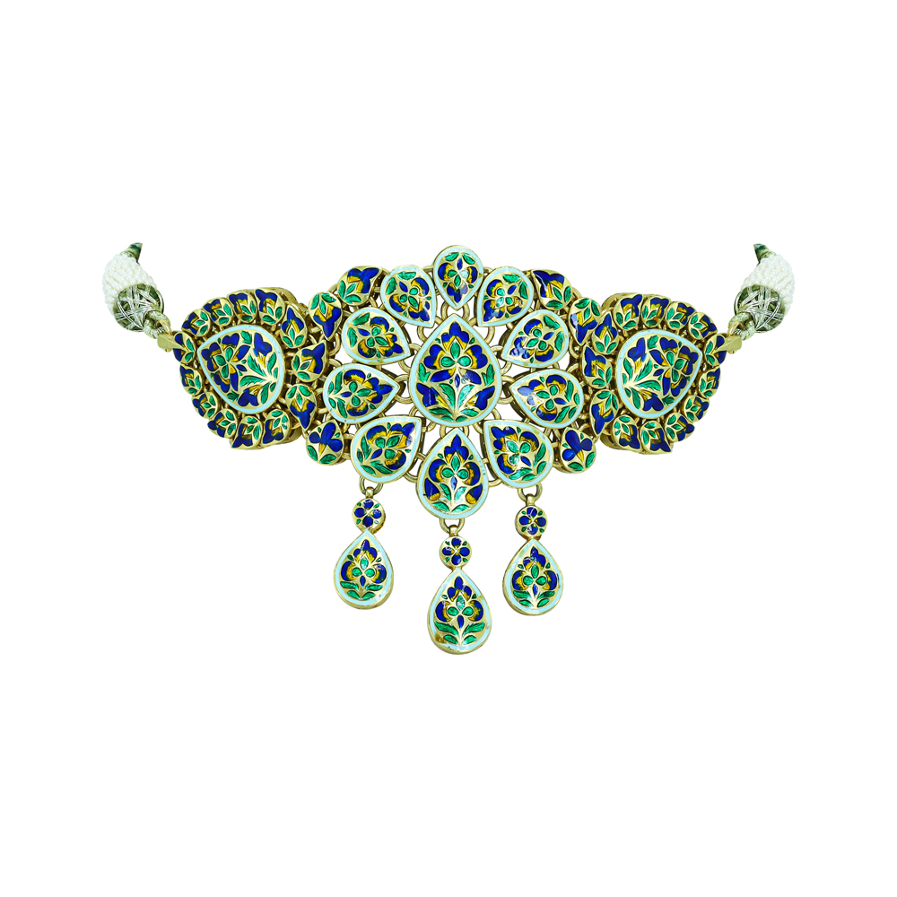 Polki Choker with Green Enamel, Floral Motif, and Teardrop Motif